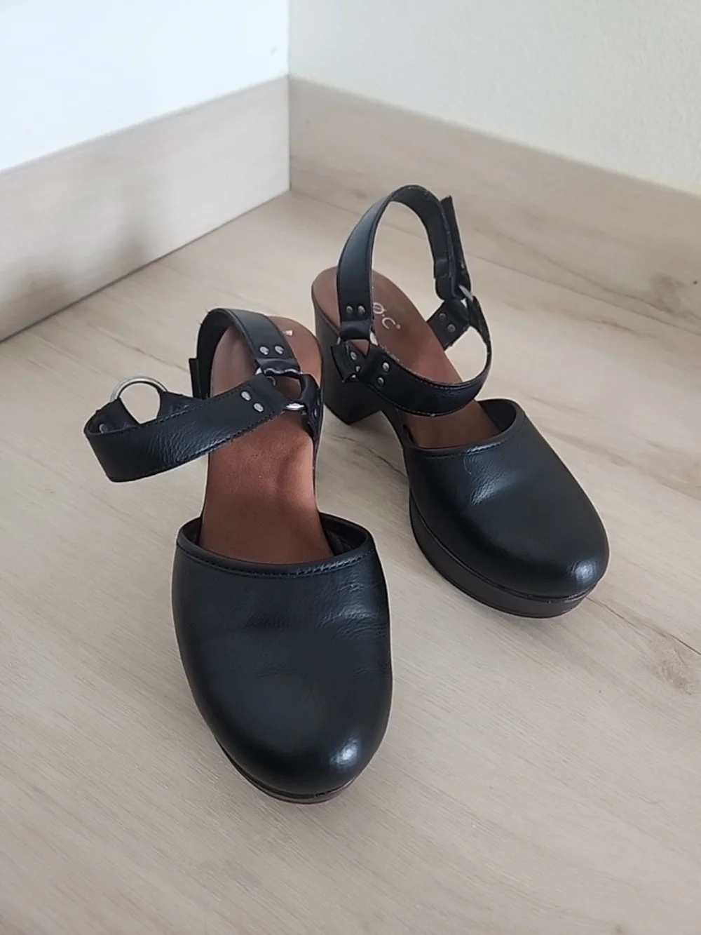 b.o.c. Black Platform Clogs with Ankle Strap